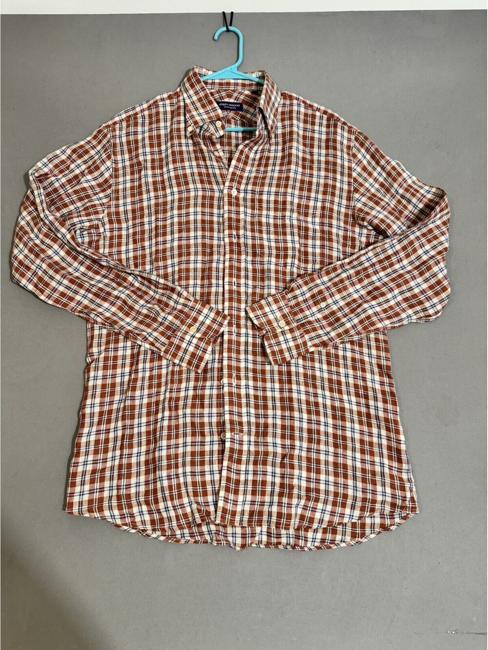 Spier & MacKay Oxford Shirt Slim Fit Button Up Mens 16 Orange Plaid Medium Sharp